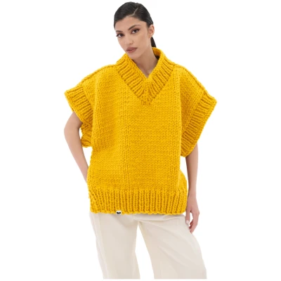 V-neck Poncho Sweater - Yellow