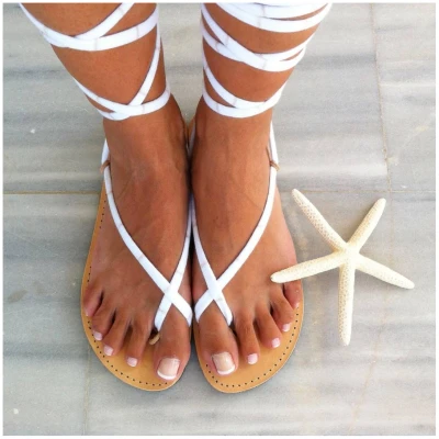 White Cotton Lace Up Leather Flip Flops