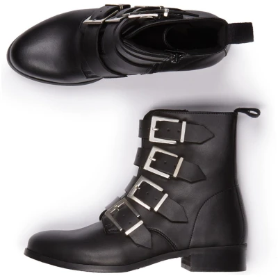Will's Vegan Store Damen vegan Biker Boots 4 Strap Schwarz