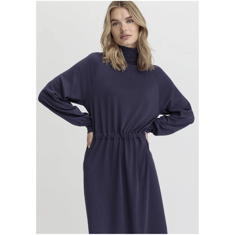 hessnatur Damen Jersey Kleid Midi Relaxed aus TENCEL™ Lyocell mit Bio-Baumwolle - blau - Größe 34