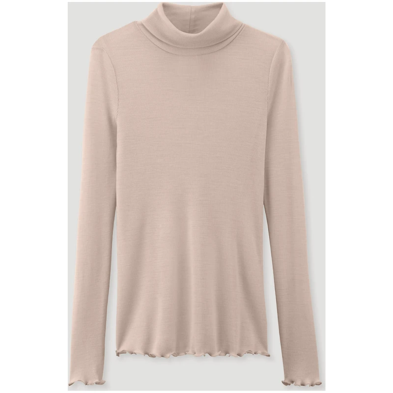 hessnatur Damen Longsleeve mit Rollkragen Fitted WARM TOUCH aus Bio-Merinowolle und TENCEL™ Lyocell - beige - Größe 34