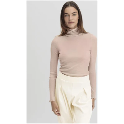 hessnatur Damen Longsleeve mit Rollkragen Fitted WARM TOUCH aus Bio-Merinowolle und TENCEL™ Lyocell - beige - Größe 34