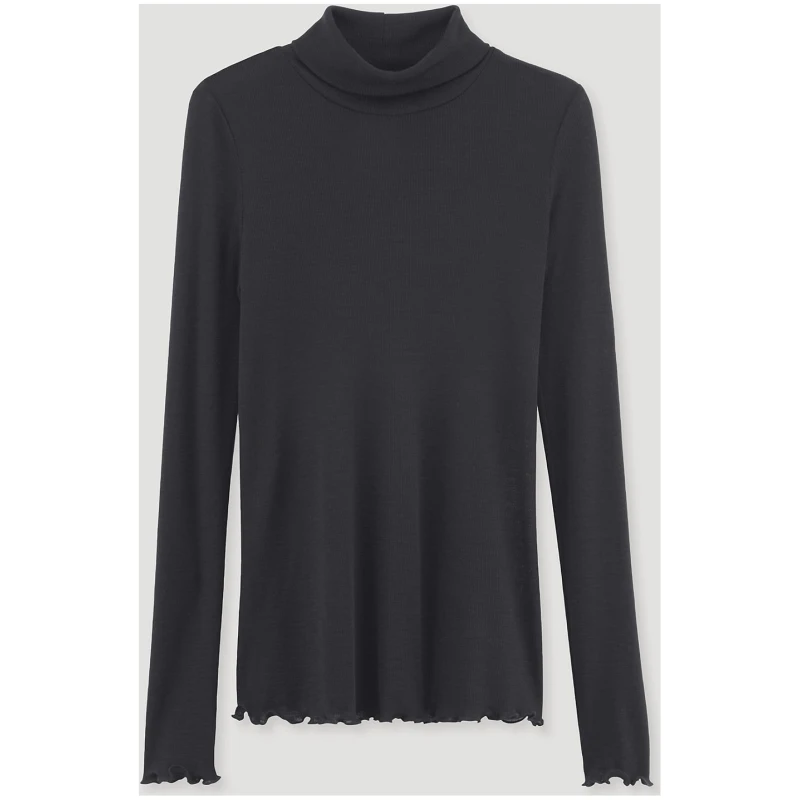 hessnatur Damen Longsleeve mit Rollkragen Fitted WARM TOUCH aus Bio-Merinowolle und TENCEL™ Lyocell - schwarz - Größe 34