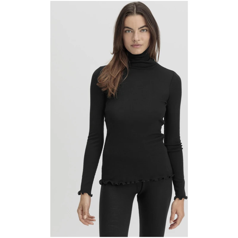 hessnatur Damen Longsleeve mit Rollkragen Fitted WARM TOUCH aus Bio-Merinowolle und TENCEL™ Lyocell - schwarz - Größe 34