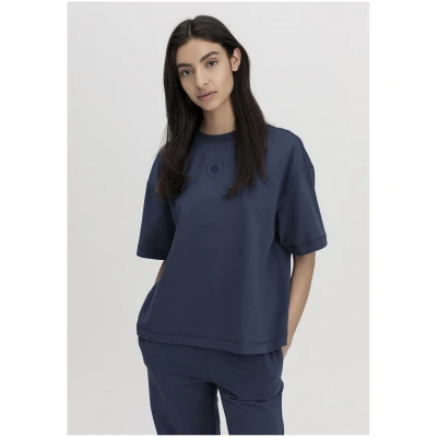 hessnatur Damen T-Shirt Cropped Oversize aus Bio-Baumwolle mit Kapok - blau - Größe 34