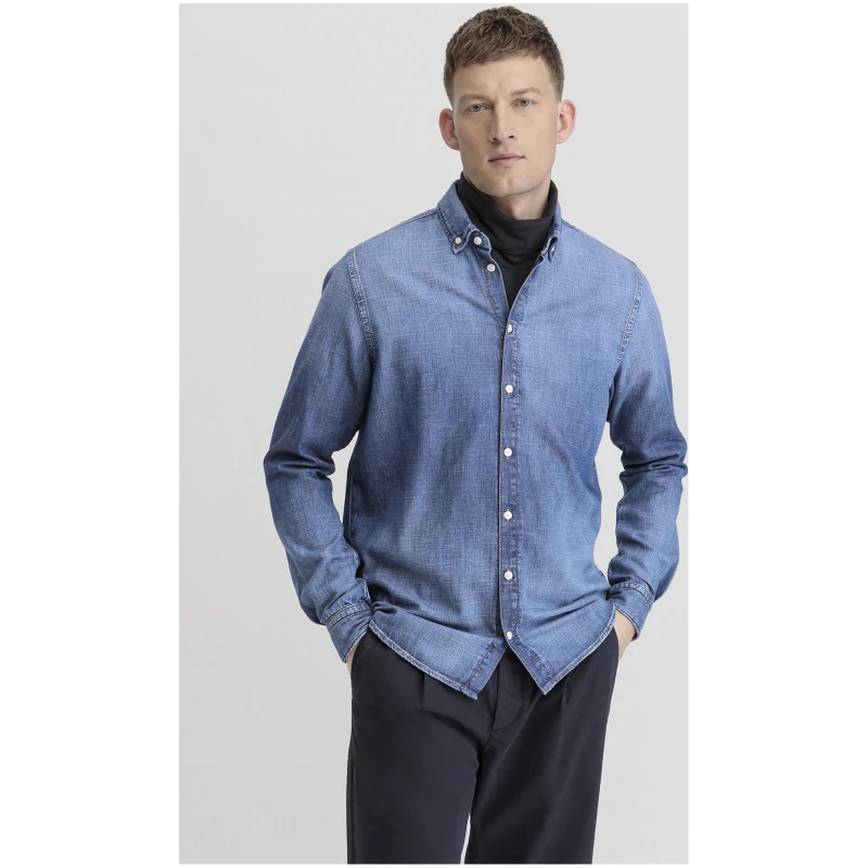 hessnatur Herren Jeans Hemd Regular aus Bio-Denim - blau - Größe XS (37/38)