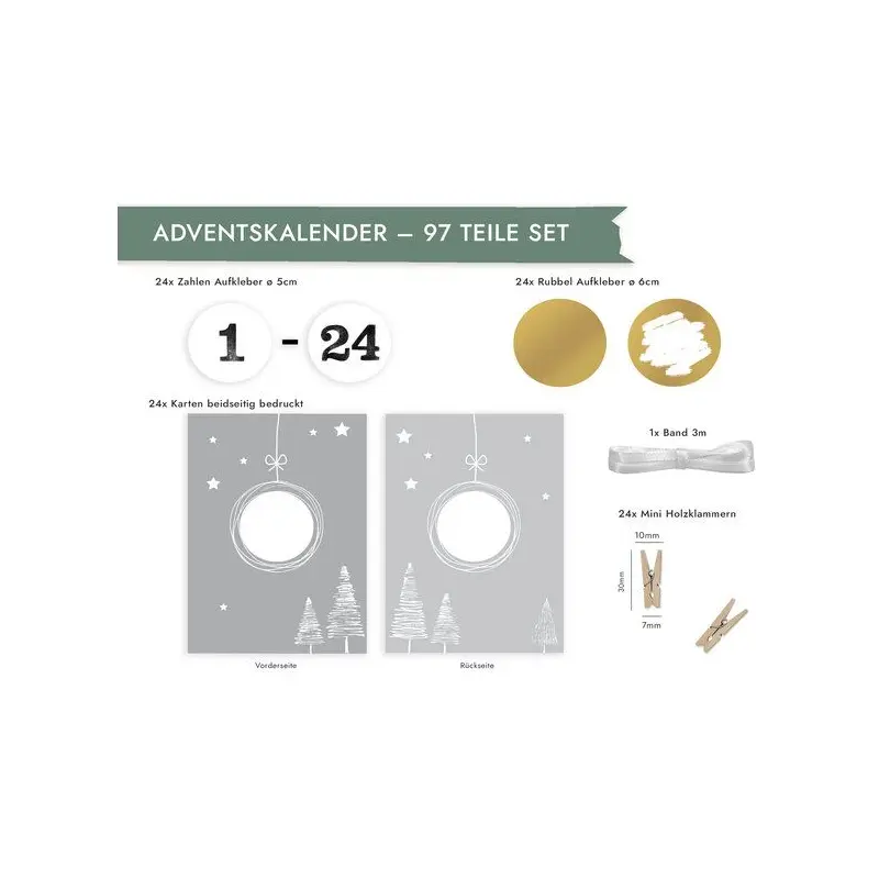 renna deluxe RUBBEL Adventskalender, zum Rubbeln, GOLD Grau Weiß, Bastelset 97 Teile | Gutschein-Kalender im Boho Nordic Stil
