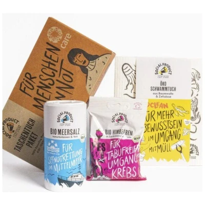 social product social impact x NGO BUNDLE - Geschenke-Set - Meersalz - Taschentuch - Schwammtuch - Himbeeren in Zartbitter Schokolade