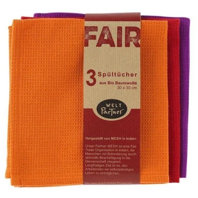 weltPartner 3er-Set Spültücher aus Bio-Baumwolle, 30x30 cm