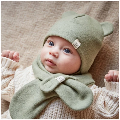 Baby Mütze mit Öhrchen Bio-Baumwolle Fleece mineral-hellbraun-meliert Gr. 45