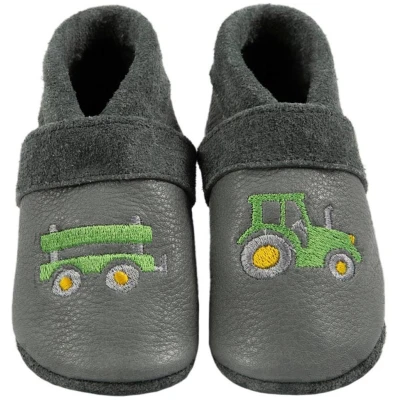 Baby und Kinder Hausschuhe Krabbelschuhe Ecopell Leder Traktor grau Gr.18/19