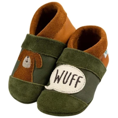 Baby und Kinder Lederpuschen Krabbelschuhe Hund olive Gr.18/19