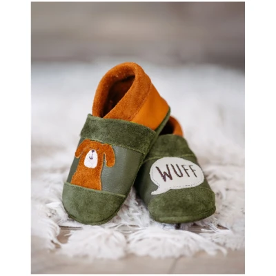 Baby und Kinder Lederpuschen Krabbelschuhe Hund olive Gr.18/19