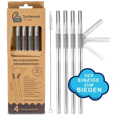 Edelstahl-Trinkhalme Turtleneck, silber, 4er-Set inkl. Reinigungsbürste, Länge 22 cm