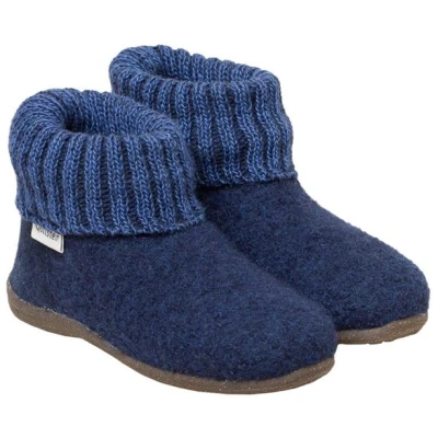 Kinder Hausschuhe Hüttenschuhe Wollwalk Gummi-Kork Sohle inkblue Gr.24