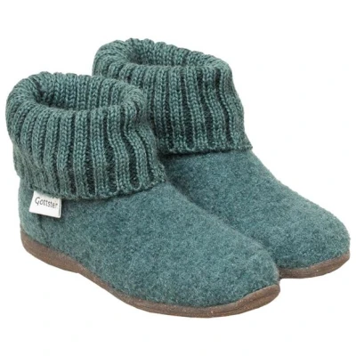 Kinder Hausschuhe Hüttenschuhe Wollwalk Gummi-Kork Sohle oceangreen Gr.24