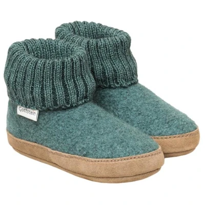 Kinder Hüttenschuhe Hausschuhe Wollwalk Ledersohle oceangreen Gr.24