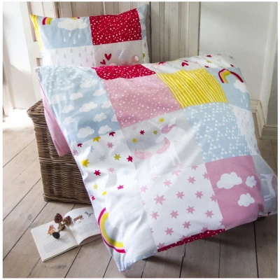 Kinderbettwäsche Bio-Baumwolle Patchwork Einhorn Bettbezug 100 x 135 cm, Kissen 40 x 60 cm