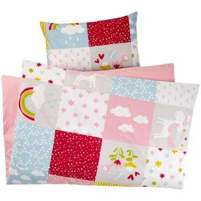 Kinderbettwäsche Bio-Baumwolle Patchwork Einhorn Bettbezug 100 x 135 cm, Kissen 40 x 60 cm