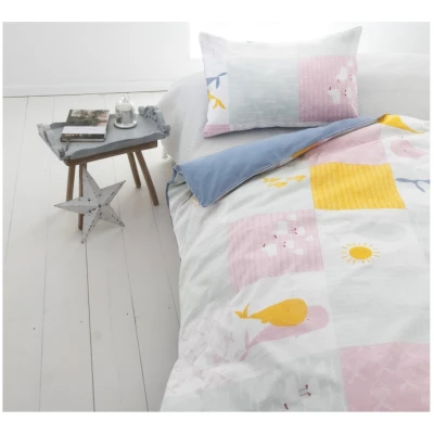 Kinderbettwäsche Bio-Baumwolle Patchwork blauer Wal Bettbezug 100 x 135 cm, Kissen 40 x 60 cm
