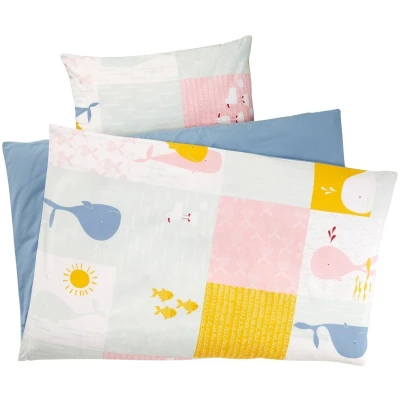 Kinderbettwäsche Bio-Baumwolle Patchwork blauer Wal Bettbezug 100 x 135 cm, Kissen 40 x 60 cm