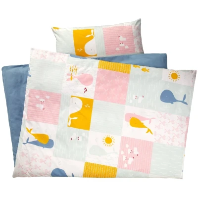 Kinderbettwäsche Bio-Baumwolle Patchwork blauer Wal Bettbezug 135 x 200 cm, Kissen 40 x 80 cm