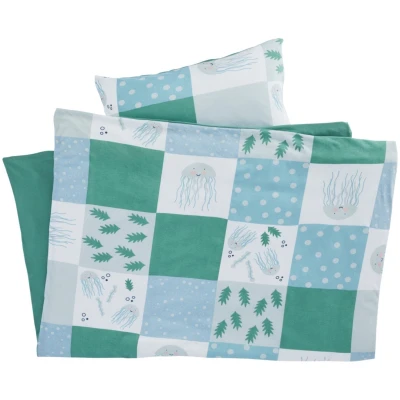 Kinderbettwäsche zum Wenden Bio-Baumwolle Jersey Patchwork Qualle Bettbezug 100 x 135 cm, Kissen 40 x 60 cm