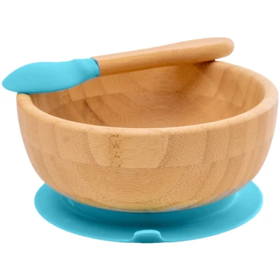 Kindergeschirr Schüssel mit Löffel und Saugnapf, aus Bambus, blau Durchmesser 14 cm, 4,5 cm tief