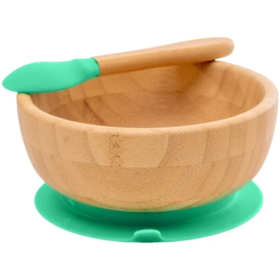 Kindergeschirr Schüssel mit Löffel und Saugnapf, aus Bambus, grün Durchmesser 14 cm, 4,5 cm tief