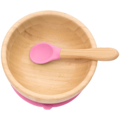 Kindergeschirr Schüssel mit Löffel und Saugnapf, aus Bambus, kirsch Durchmesser 14 cm, 4,5 cm tief