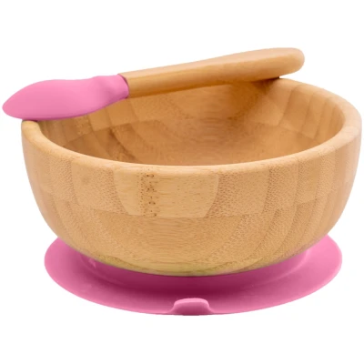 Kindergeschirr Schüssel mit Löffel und Saugnapf, aus Bambus, kirsch Durchmesser 14 cm, 4,5 cm tief