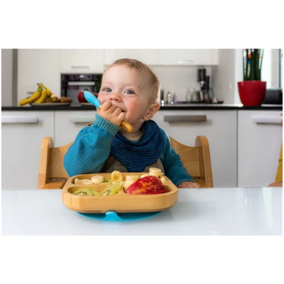 Kindergeschirr Teller mit Löffel und Saugnapf, aus Bambus, blau Durchmesser 16 cm, 1,5 cm tief