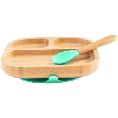 Kindergeschirr Teller mit Löffel und Saugnapf, aus Bambus, grün Durchmesser 16 cm, 1,5 cm tief