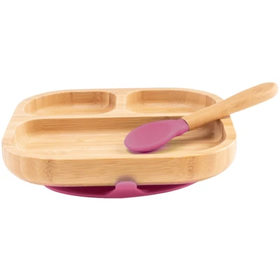 Kindergeschirr Teller mit Löffel und Saugnapf, aus Bambus, kirsch Durchmesser 16 cm, 1,5 cm tief