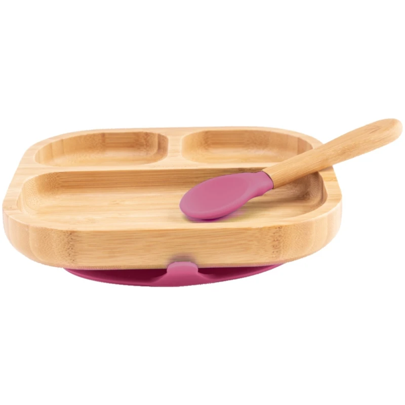 Kindergeschirr Teller mit Löffel und Saugnapf, aus Bambus, kirsch Durchmesser 16 cm, 1,5 cm tief