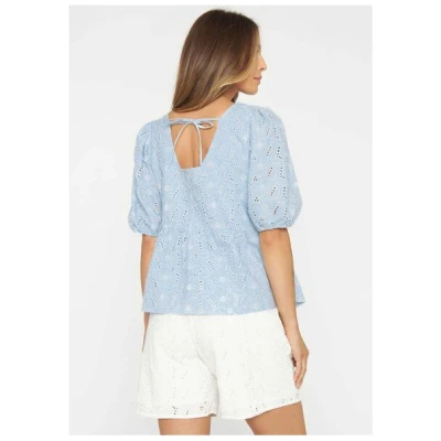 KnowledgeCotton Apparel Bluse Broderie Anglaise mit Puffärmeln aus Baumwoll-Leinenmix