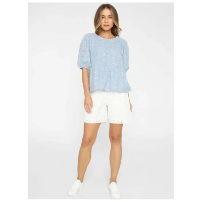 KnowledgeCotton Apparel Bluse Broderie Anglaise mit Puffärmeln aus Baumwoll-Leinenmix