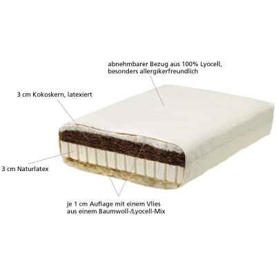 Lonsberg Kindermatratze 70x140 cm mit Kokos-Latex-Kern Lyocell-Bezug, versteppt, abnehmbar