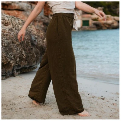 NORDLICHT Damen Palazzo Hose Liska | Olivgrün gestreift aus 100% Tencel