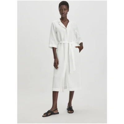 hessnatur Damen Kleid Midi Relaxed aus TENCEL Lyocell mit Leinen - weiß - Größe 34
