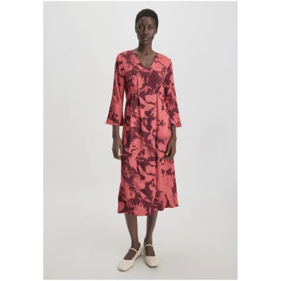 hessnatur Damen Print Kleid Midi Relaxed aus LENZING™ ECOVERO™ Viskose - braun - Größe 34
