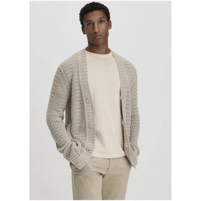hessnatur Herren Ajour Strickjacke Regular aus Bio-Baumwolle - beige - Größe 46