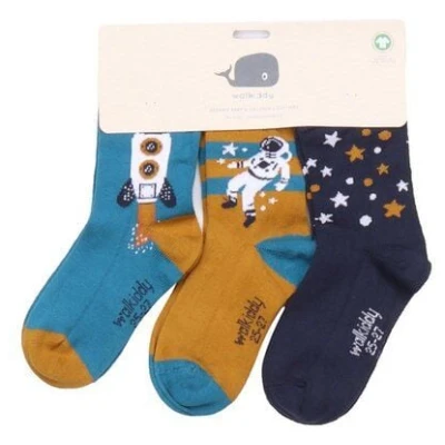 Baby Socken Dunkelblau Bio Baumwolle - Walkiddy Space Trip, Nachhaltig, GOTS-zertifiziert, Allergikerfreundlich, Bequem, Stilvoll, Umweltfreundlich.