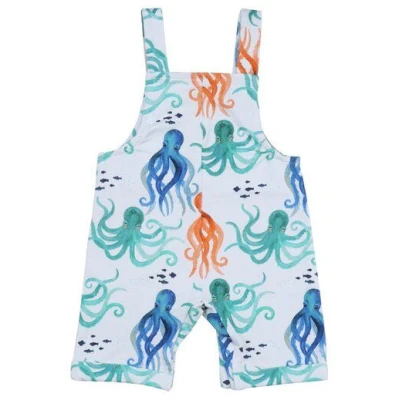 Baby Strampler Bio Baumwolle Orange - Walkiddy sleeveless eco-friendly romper mit lustigem Oktopus-Design, 95% Bio-Baumwolle, GOTS-zertifiziert.