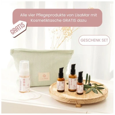 LisaMar Beauty Geschenkset Anti Aging - Kosmetiktasche GRATIS. Gesichtsreinigung, Augencreme, Serum & Feuchtigkeitscreme. Natürliches Hautpflegeset