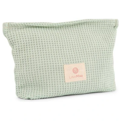 LisaMar Kosmetiktasche aus Baumwolle Waffel Piqué - Handgefertigt - Make-Up Organizer, Kulturbeutel, Schminktasche, Hellgrün, innen Rosa.