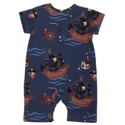 Strampler Baby Baumwolle Blau Piratenschiff Walkiddy umweltfreundlich, GOTS-zertifiziert, 95% Bio-Baumwolle, kurzarm, nachhaltige Herstellung, ökologisch.