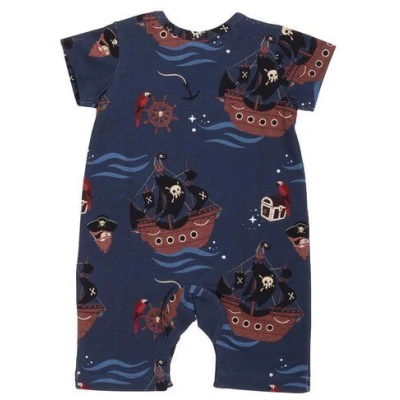 Strampler Baby Baumwolle Blau Piratenschiff Walkiddy umweltfreundlich, GOTS-zertifiziert, 95% Bio-Baumwolle, kurzarm, nachhaltige Herstellung, ökologisch.