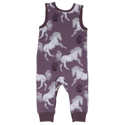 Strampler Baby Bio-Lila Walkiddy Schimmel Horses 95% Baumwolle, 5% Elasthan, ärmellos, nachhaltig, umweltfreundlich, GOTS-zertifiziert, stilvoll, bequem.