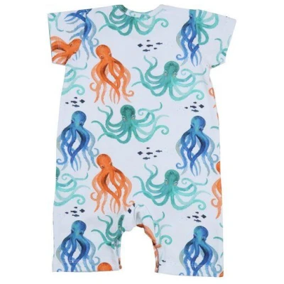 Strampler Bio-Baumwolle Orange - Walkiddy Funny Octopuses, 95% Baumwolle, Nachhaltig, Kurzarm, Umweltfreundlich, GOTS-zertifiziert